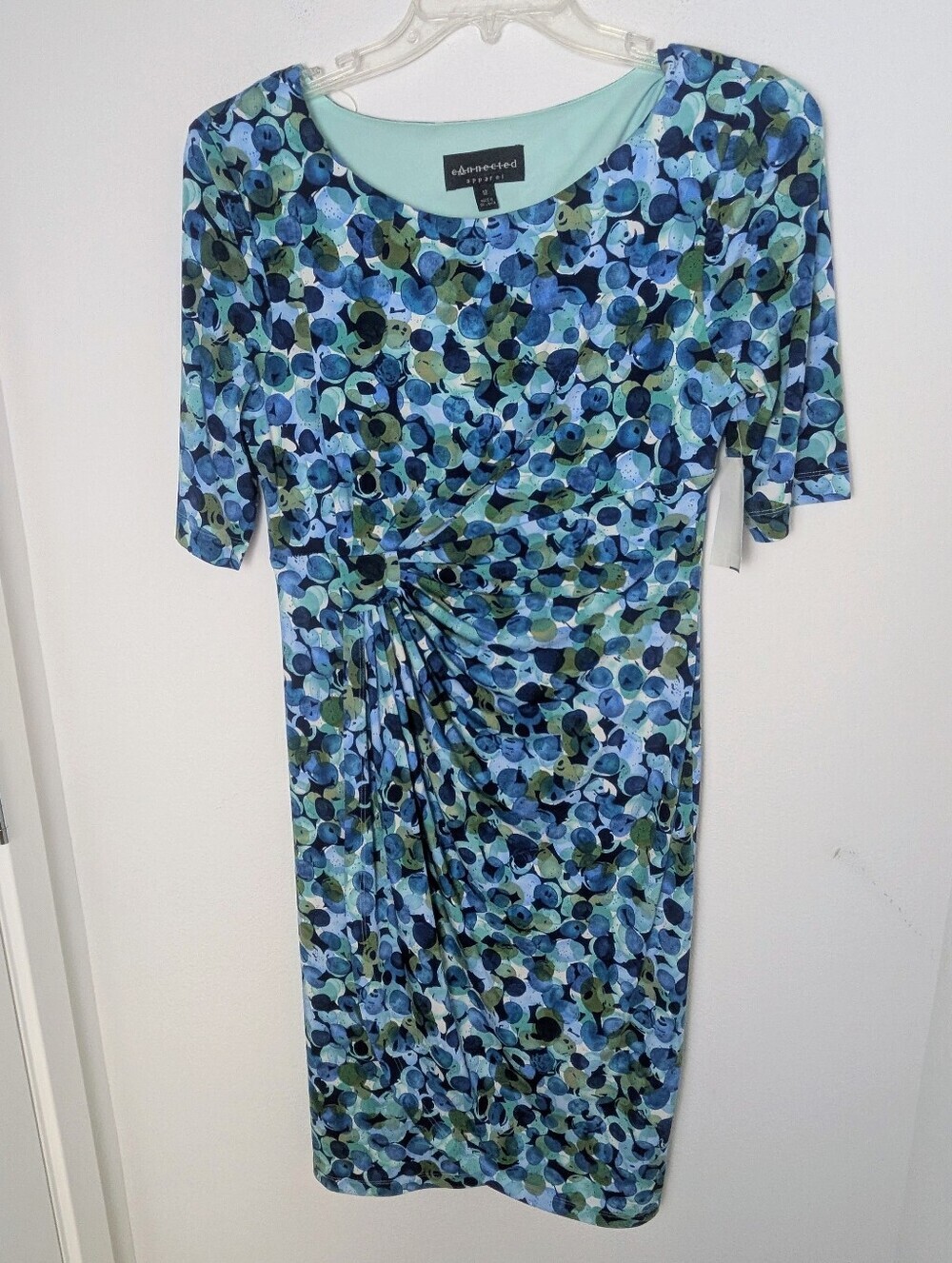 Connected Apparel Size 12 Blue Turquoise Floral Faux Wrap Sheath Dress Wedding